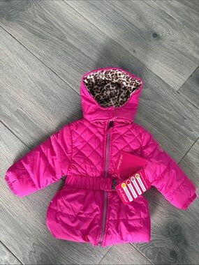 Pink Platinum Bright Pink Quilted Hooded Puffer with Leopard Lining